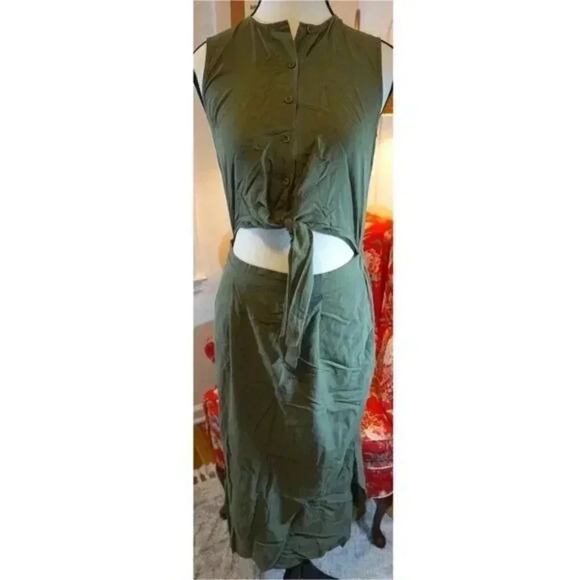 Warehouse Tie-Front Midi Dress in Army Green, Size US 2 (UK 6) - Picture 1 of 16